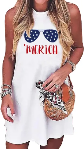 American Flag Tank Dress for Women 4th of July Patriotic Graphic Sleeveless Mini Dress Casual Vacation Short Dresses
