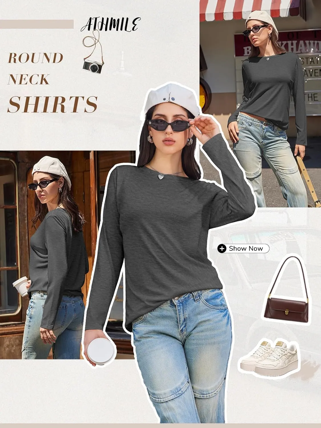 ATHMILE Womens Long Sleeve Shirts Basic Tee Fall Trendy Spring Top Business Casual Beach Vacation Workout 2025 Fashion