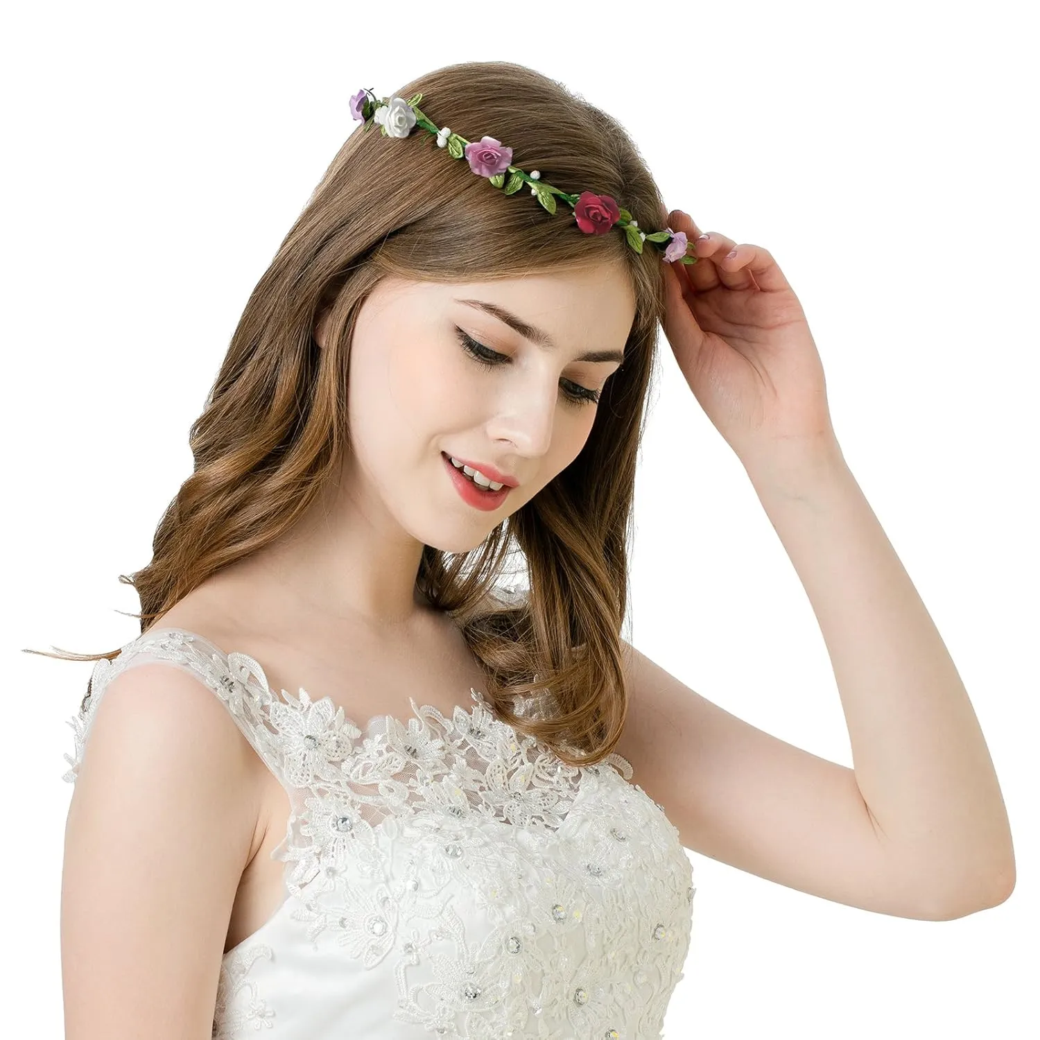 AWAYTR 2Pcs Fashion for Bohemian Style Wedding Bride Bridal Headdress Floral Flower Garland Headwear Headbands (Cream white mixed-color)