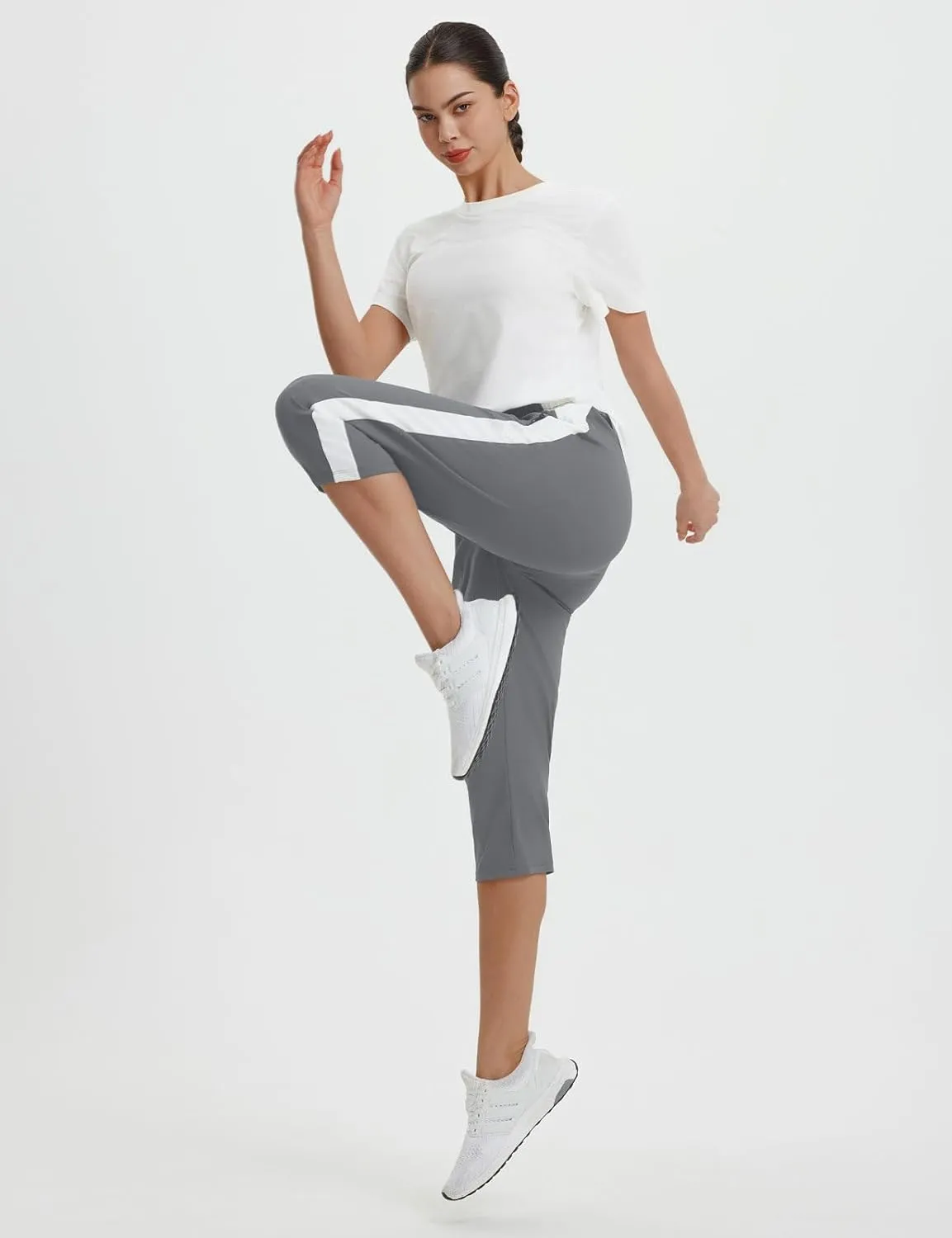 baleaf Womens Yoga Capri Pants with Zipper Pockets Summer Drawstring Capris Joggers Lounge Crop 19"