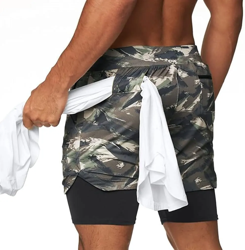 BOOMLEMON Men's 2-in-1 Running Workout Shorts Gym Training Athletic Short Pants with Towel Loop