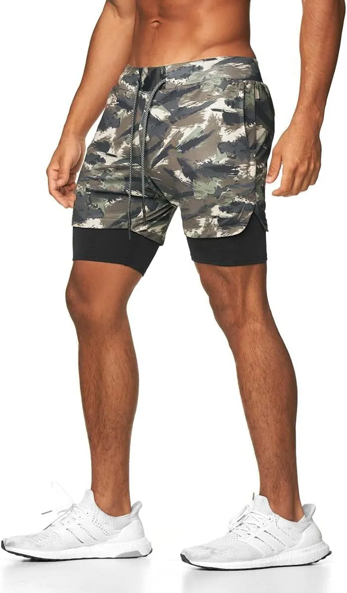 BOOMLEMON Men's 2-in-1 Running Workout Shorts Gym Training Athletic Short Pants with Towel Loop