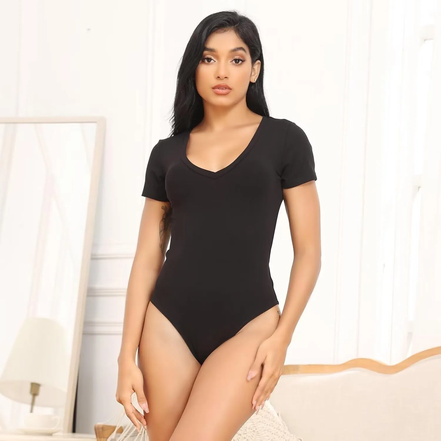 CE' CERDR 5 Pack Bodysuits for Women Short Sleeve Deep V Neck Tops T-shirt Bodysuit Casual Outfits