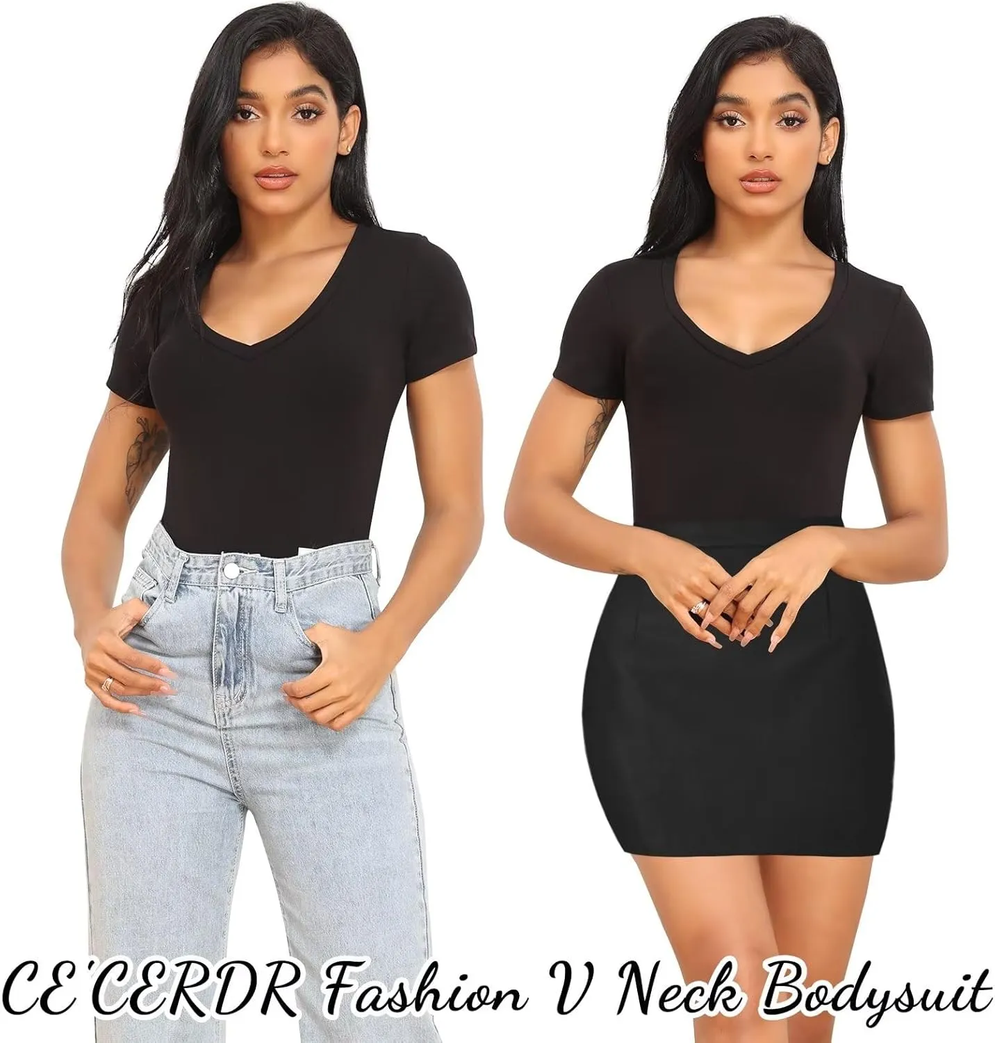 CE' CERDR 5 Pack Bodysuits for Women Short Sleeve Deep V Neck Tops T-shirt Bodysuit Casual Outfits