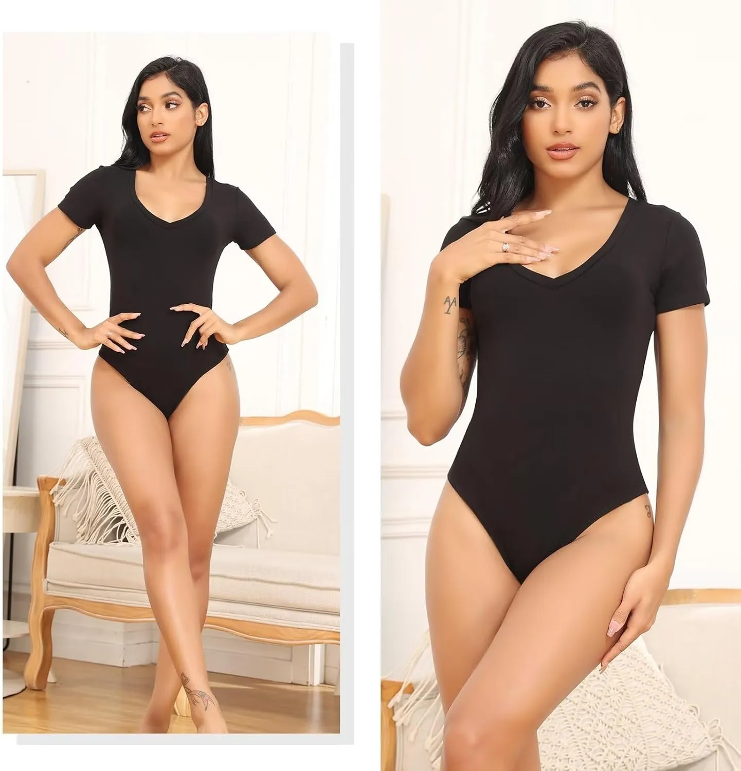 CE' CERDR 5 Pack Bodysuits for Women Short Sleeve Deep V Neck Tops T-shirt Bodysuit Casual Outfits