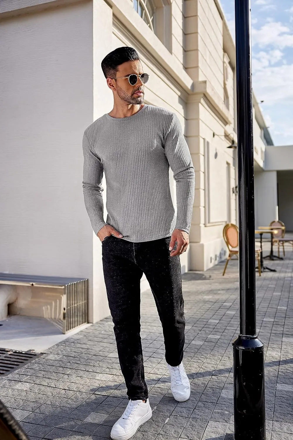 Ekouaer Men's Long Sleeve Shirts Ribbed Pullover Sweater Sim Fit Thermal Tops Crew Neck Stretchy Undershirts S-XXL
