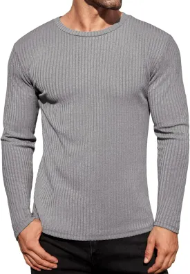 Ekouaer Men's Long Sleeve Shirts Ribbed Pullover Sweater Sim Fit Thermal Tops Crew Neck Stretchy Undershirts S-XXL