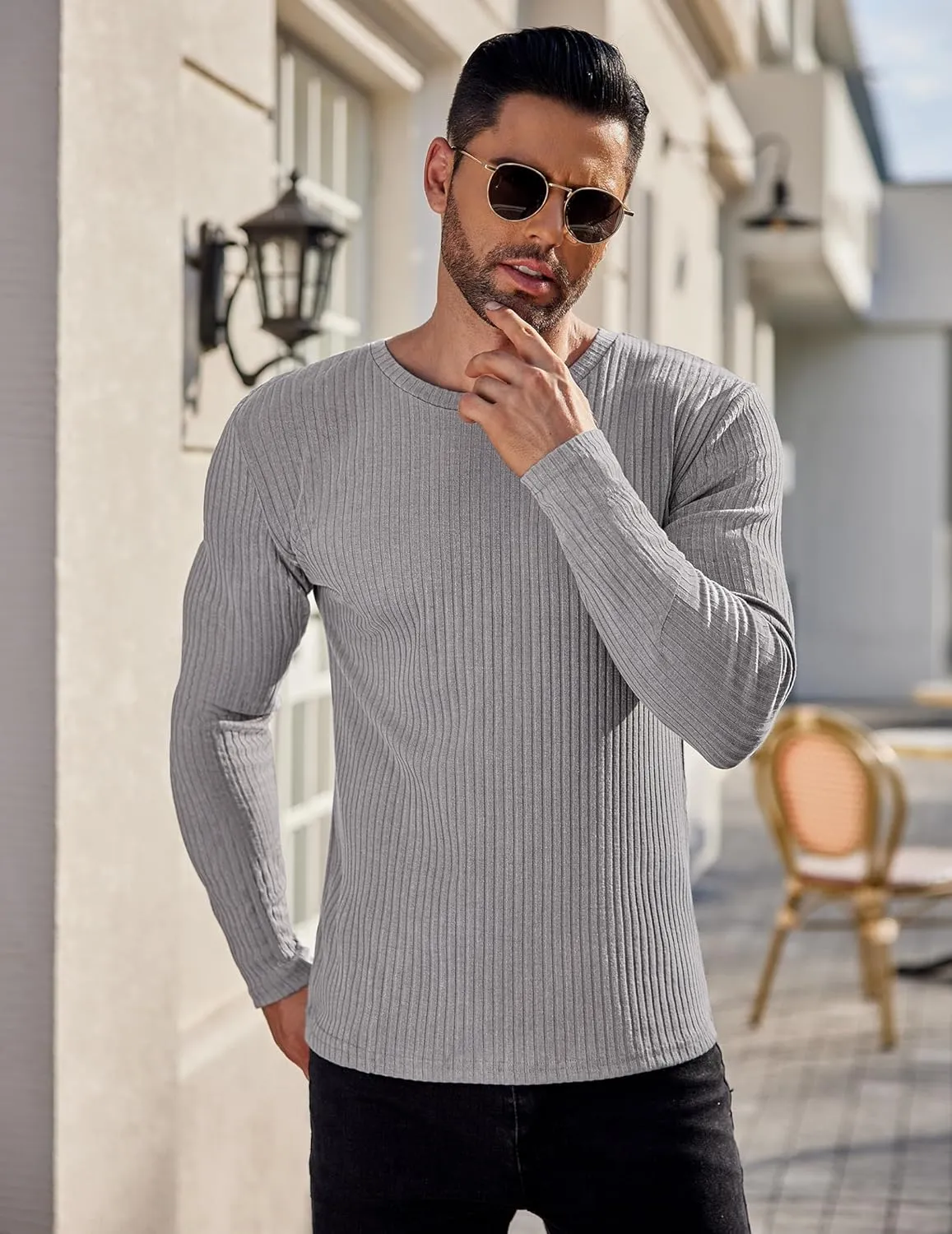 Ekouaer Men's Long Sleeve Shirts Ribbed Pullover Sweater Sim Fit Thermal Tops Crew Neck Stretchy Undershirts S-XXL