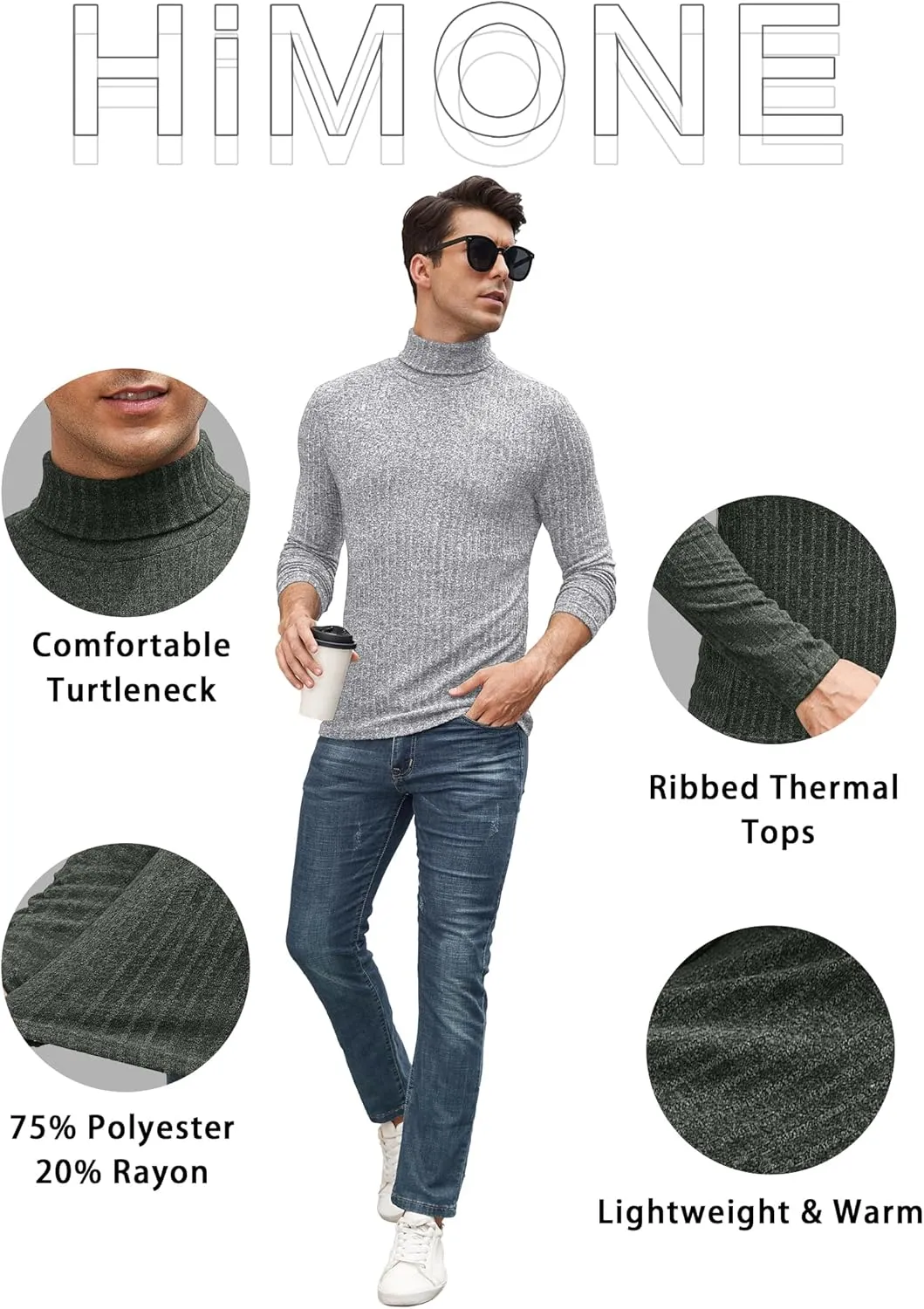 HiMONE Men Turtleneck Shirts Lightweight Long Sleeve Turtle Necks Ribbed Thermal Tops S-XXL