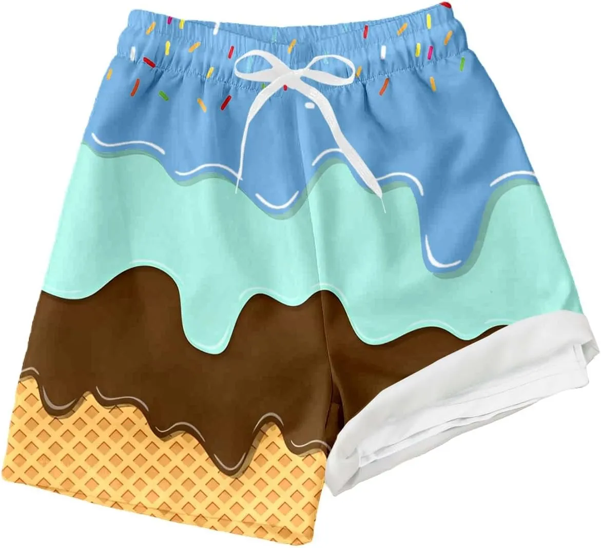 Ice Cream Boy Swim Trunks with Compression Liner Quick Dry Bathing Suit Swimsuit,Toddler Beach Board Shorts 5-16Years