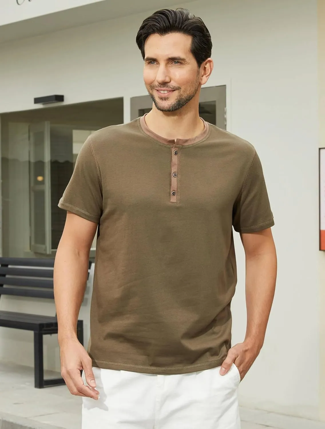 Men's Casual Henley Shirts Classic Button Cotton Short Sleeve T-Shirt Summer Basic Solid Lightweight Tees Tops