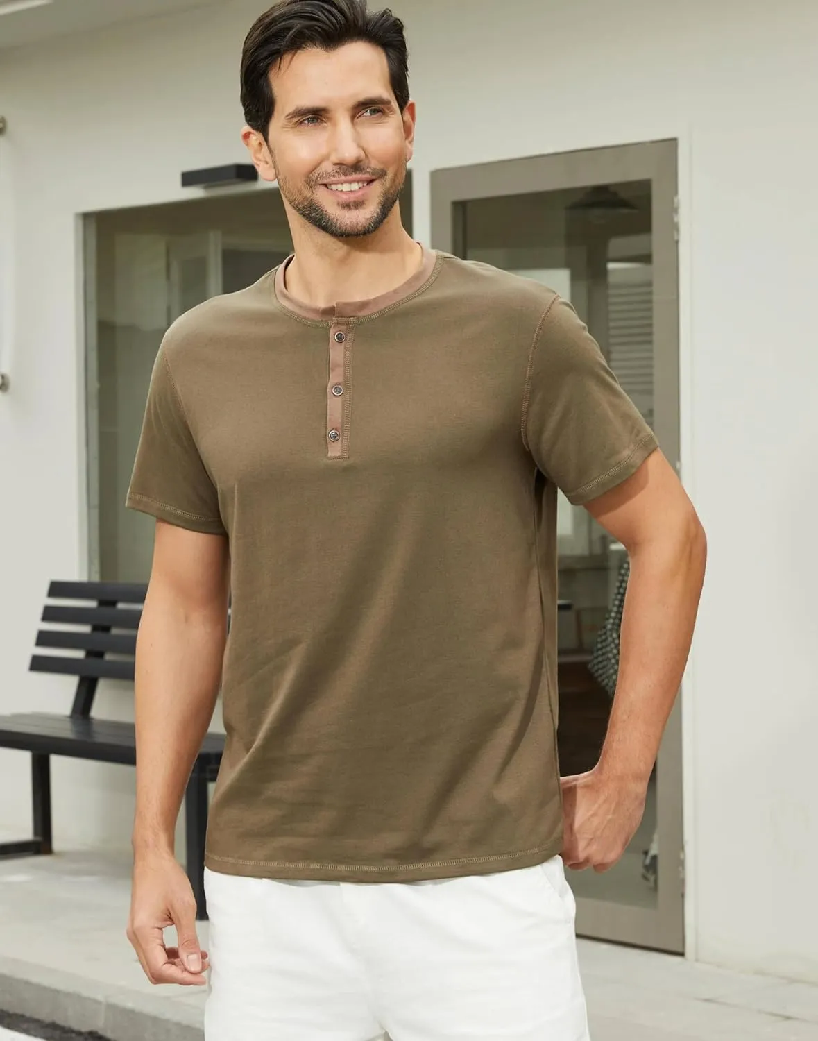 Men's Casual Henley Shirts Classic Button Cotton Short Sleeve T-Shirt Summer Basic Solid Lightweight Tees Tops