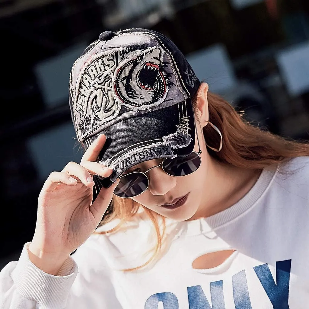 Men's Oilcloth Front Decor Washed Distressed Embroidery Baseball Cap Driver Trucker Hat with Eagle & Shark Patch