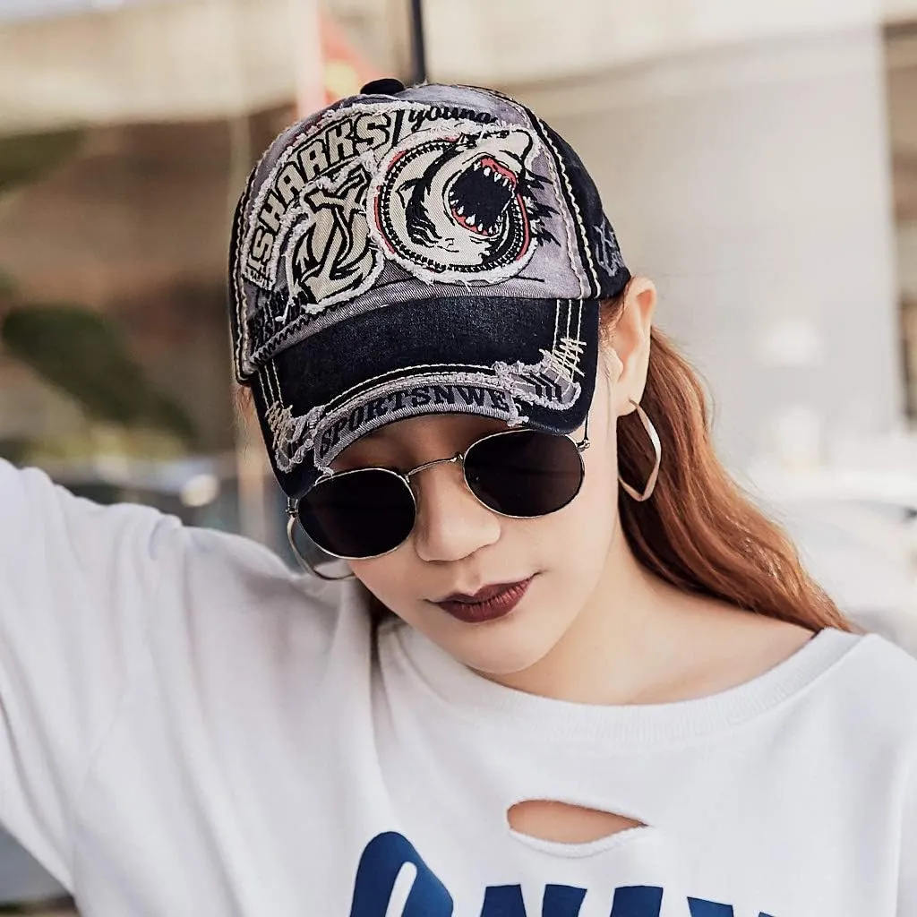 Men's Oilcloth Front Decor Washed Distressed Embroidery Baseball Cap Driver Trucker Hat with Eagle & Shark Patch