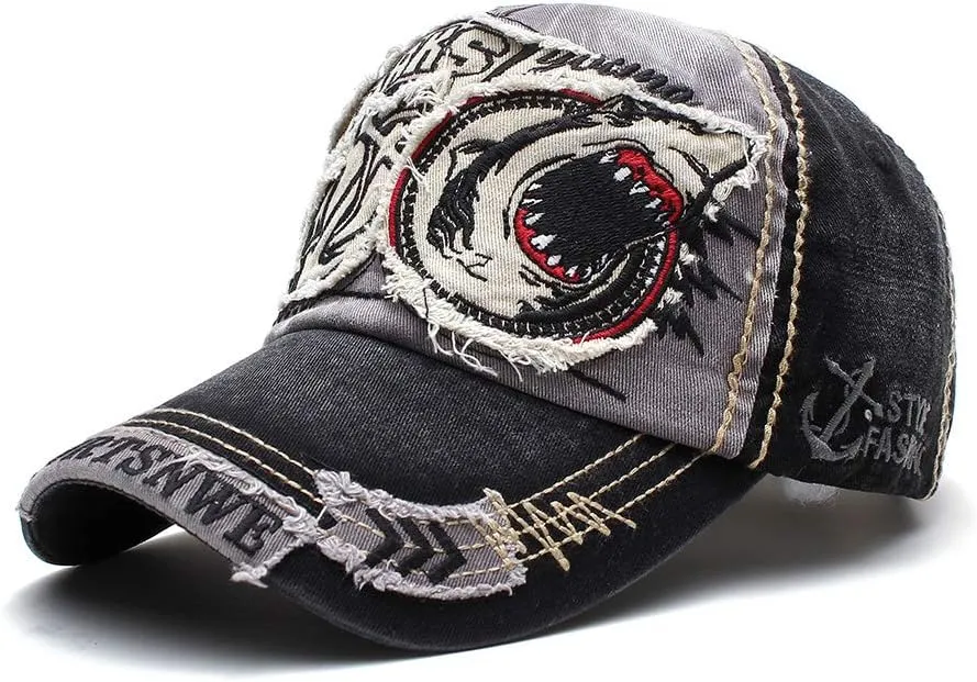 Men's Oilcloth Front Decor Washed Distressed Embroidery Baseball Cap Driver Trucker Hat with Eagle & Shark Patch