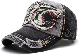 Men's Oilcloth Front Decor Washed Distressed Embroidery Baseball Cap Driver Trucker Hat with Eagle & Shark Patch