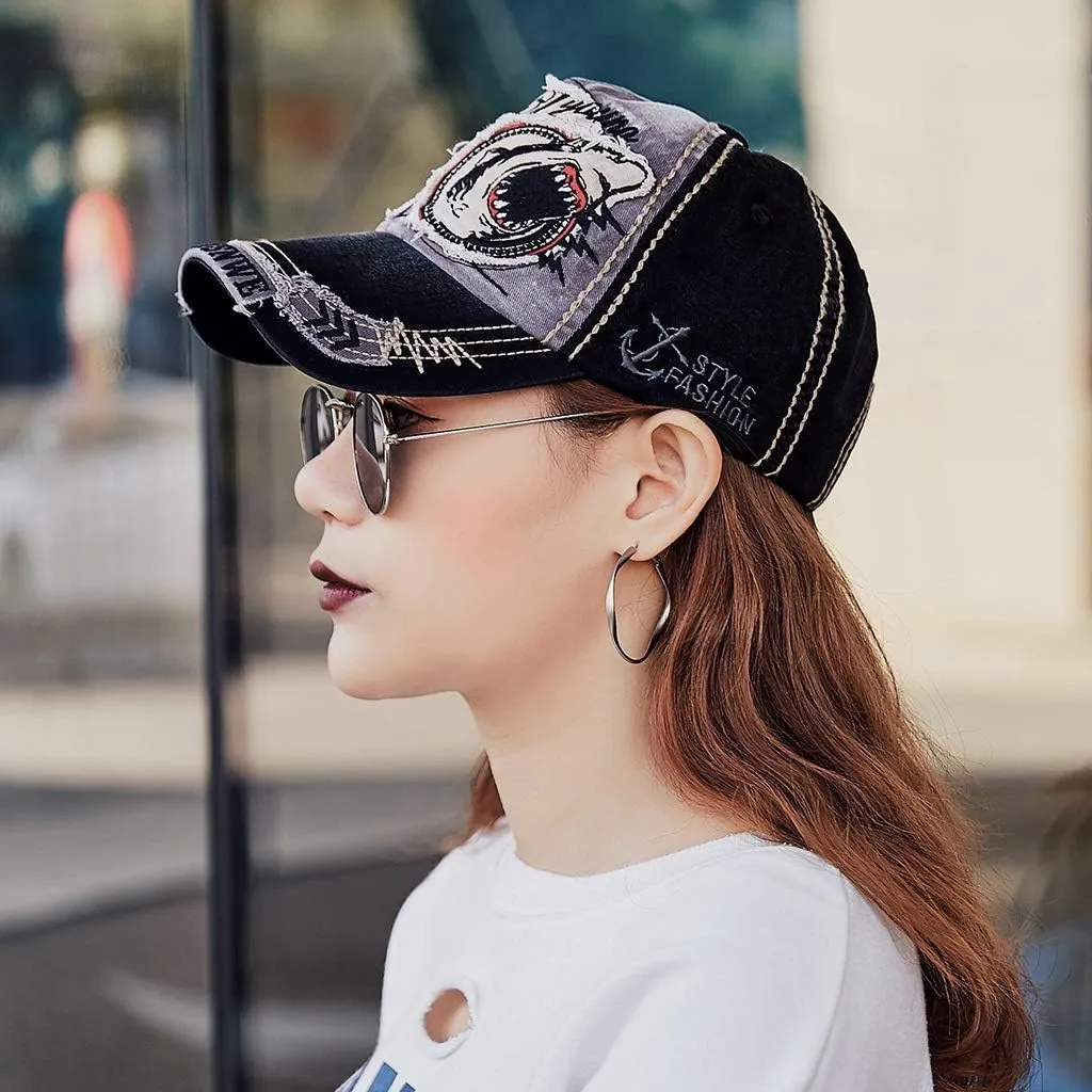 Men's Oilcloth Front Decor Washed Distressed Embroidery Baseball Cap Driver Trucker Hat with Eagle & Shark Patch