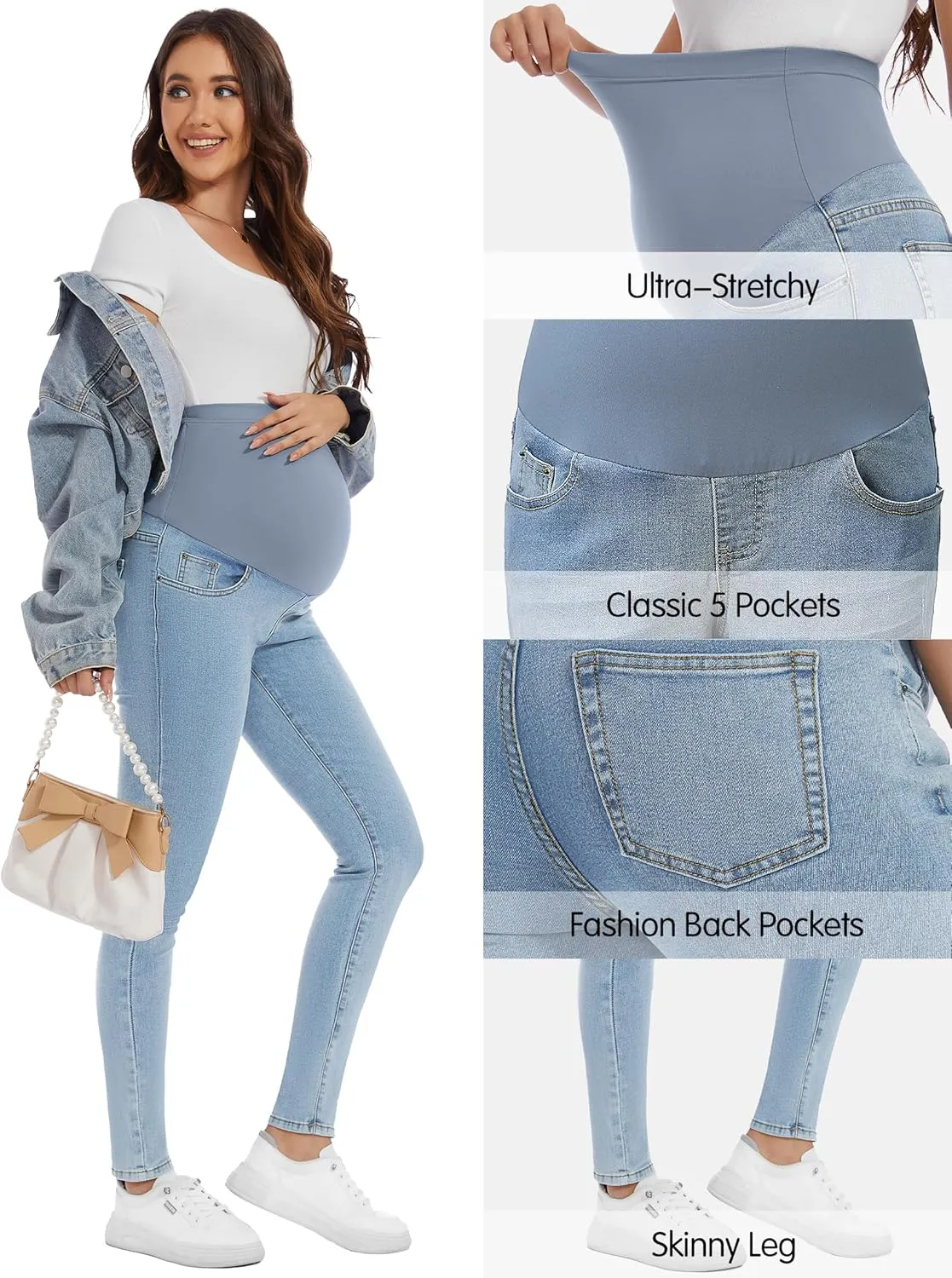 PACBREEZE Women's Maternity Jeans Over Belly Skinny Stretchy Denim Pants Comfy Slim Pregnancy Pants