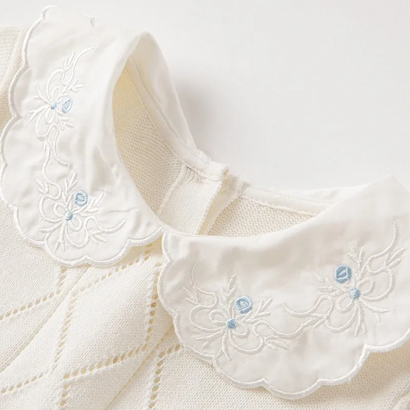 Princess Girl Mesh Embroidery White Knitted Dress With Headband