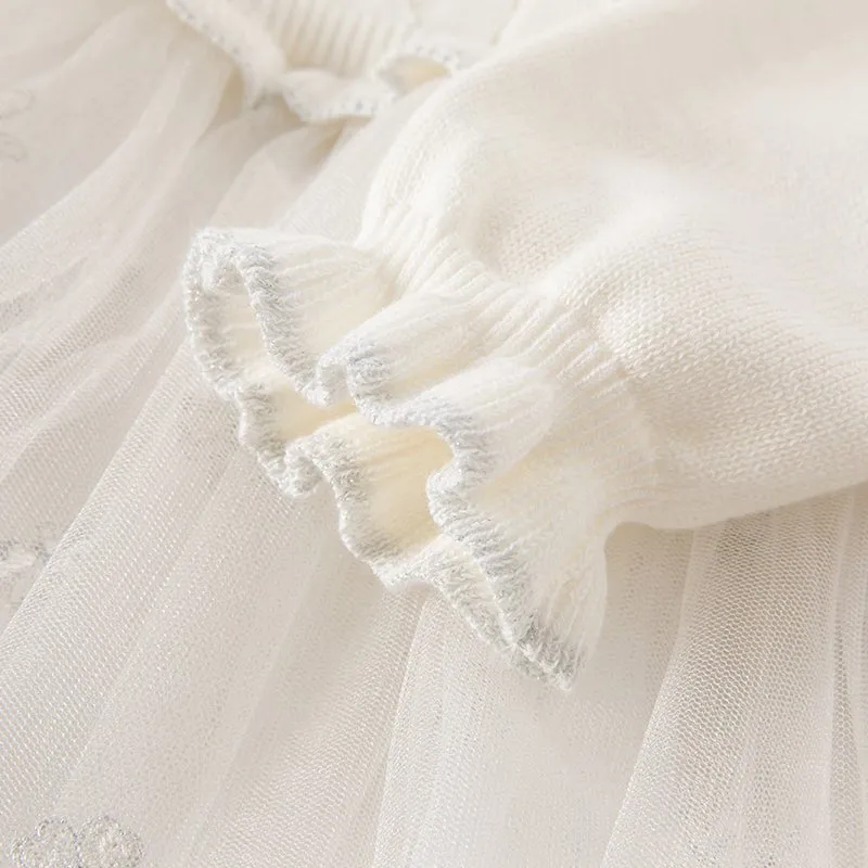 Princess Girl Mesh Embroidery White Knitted Dress With Headband