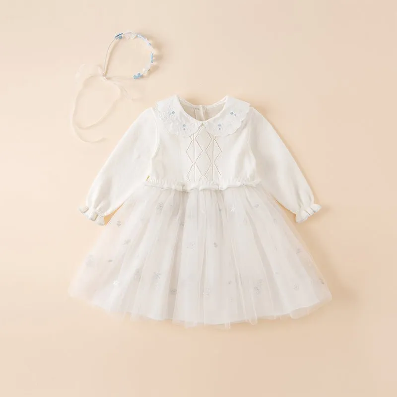 Princess Girl Mesh Embroidery White Knitted Dress With Headband