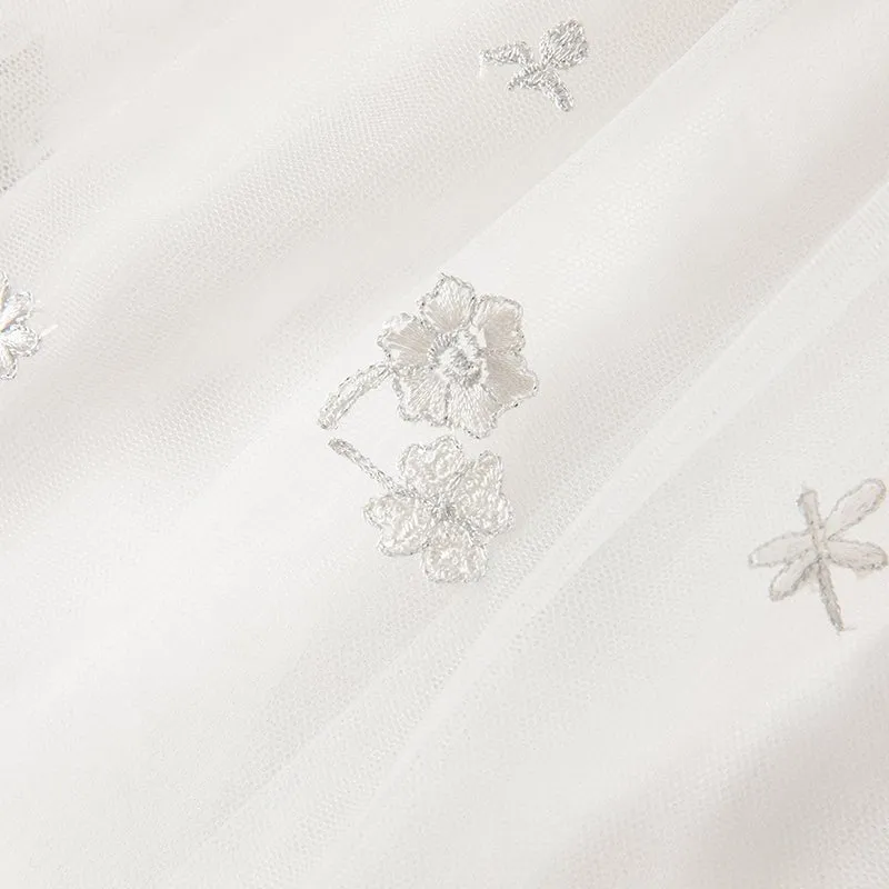Princess Girl Mesh Embroidery White Knitted Dress With Headband