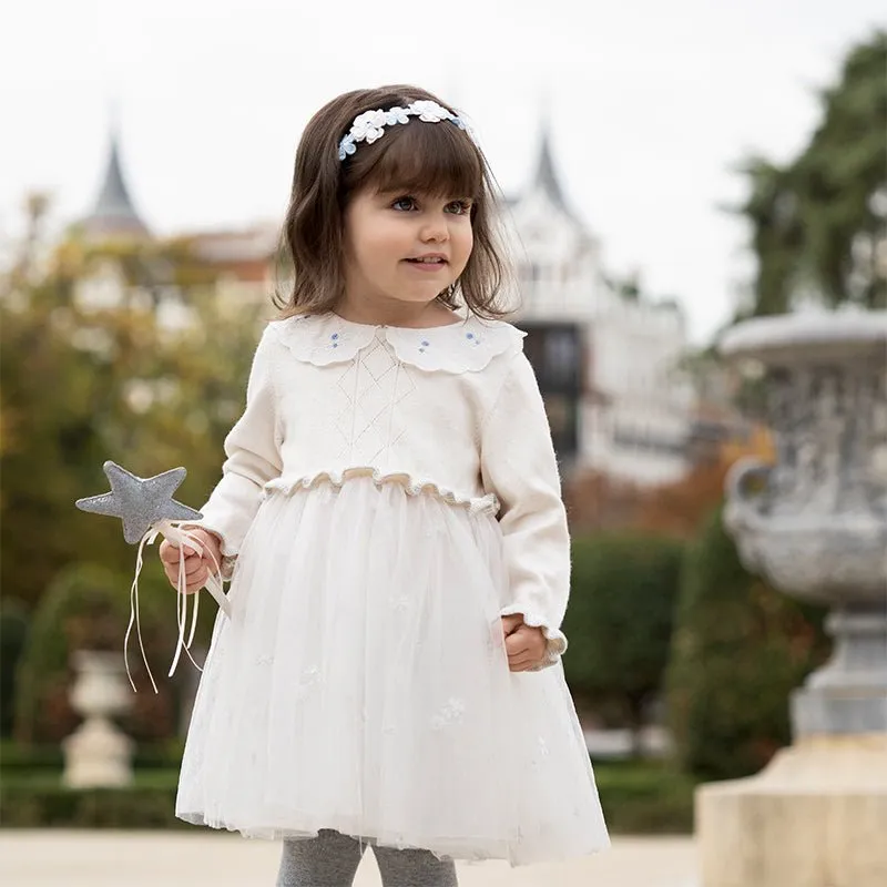 Princess Girl Mesh Embroidery White Knitted Dress With Headband