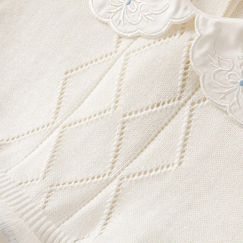 Princess Girl Mesh Embroidery White Knitted Dress With Headband