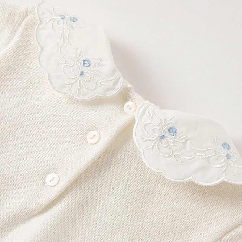 Princess Girl Mesh Embroidery White Knitted Dress With Headband