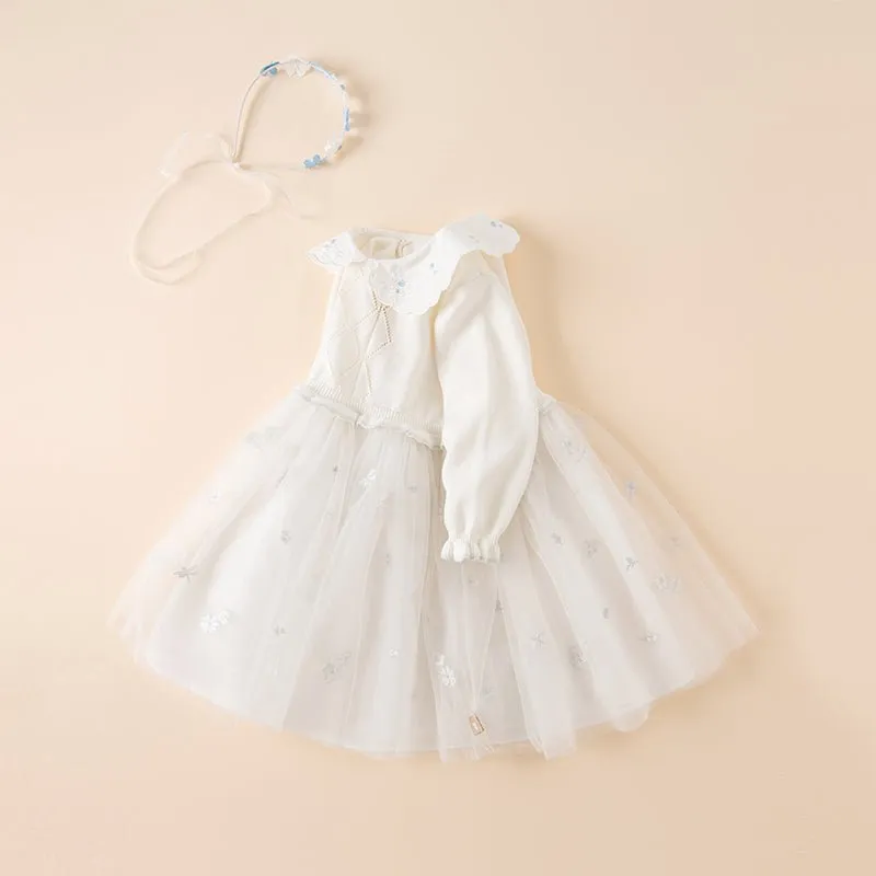 Princess Girl Mesh Embroidery White Knitted Dress With Headband