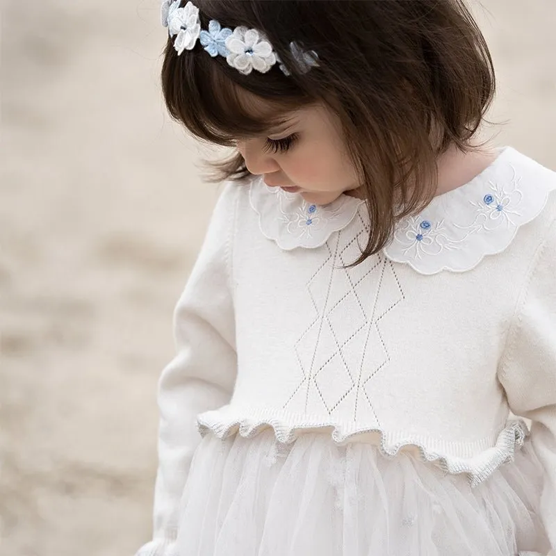 Princess Girl Mesh Embroidery White Knitted Dress With Headband