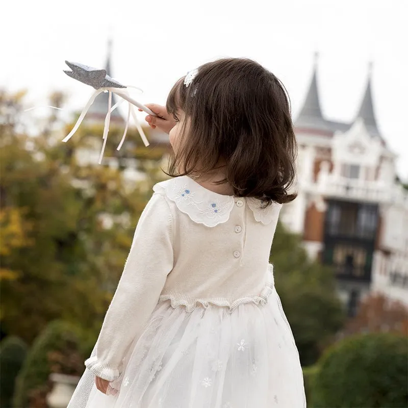 Princess Girl Mesh Embroidery White Knitted Dress With Headband
