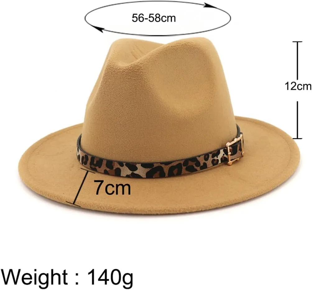 Pulcykp Leopard Grain Leather Decor Handmade Wide Brim Fedora Hats Caps Unisex Jazz Panama Cap