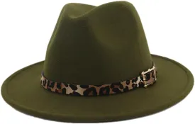 Pulcykp Leopard Grain Leather Decor Handmade Wide Brim Fedora Hats Caps Unisex Jazz Panama Cap