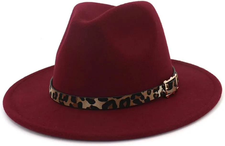 Pulcykp Leopard Grain Leather Decor Handmade Wide Brim Fedora Hats Caps Unisex Jazz Panama Cap