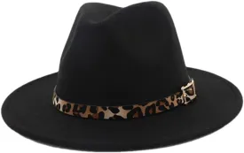 Pulcykp Leopard Grain Leather Decor Handmade Wide Brim Fedora Hats Caps Unisex Jazz Panama Cap