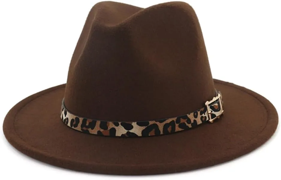 Pulcykp Leopard Grain Leather Decor Handmade Wide Brim Fedora Hats Caps Unisex Jazz Panama Cap