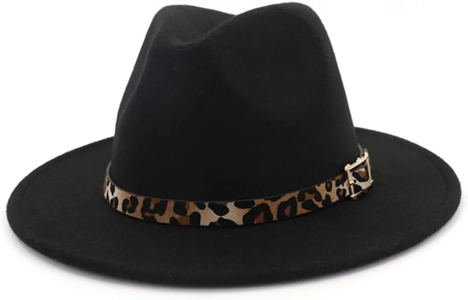 Pulcykp Leopard Grain Leather Decor Handmade Wide Brim Fedora Hats Caps Unisex Jazz Panama Cap