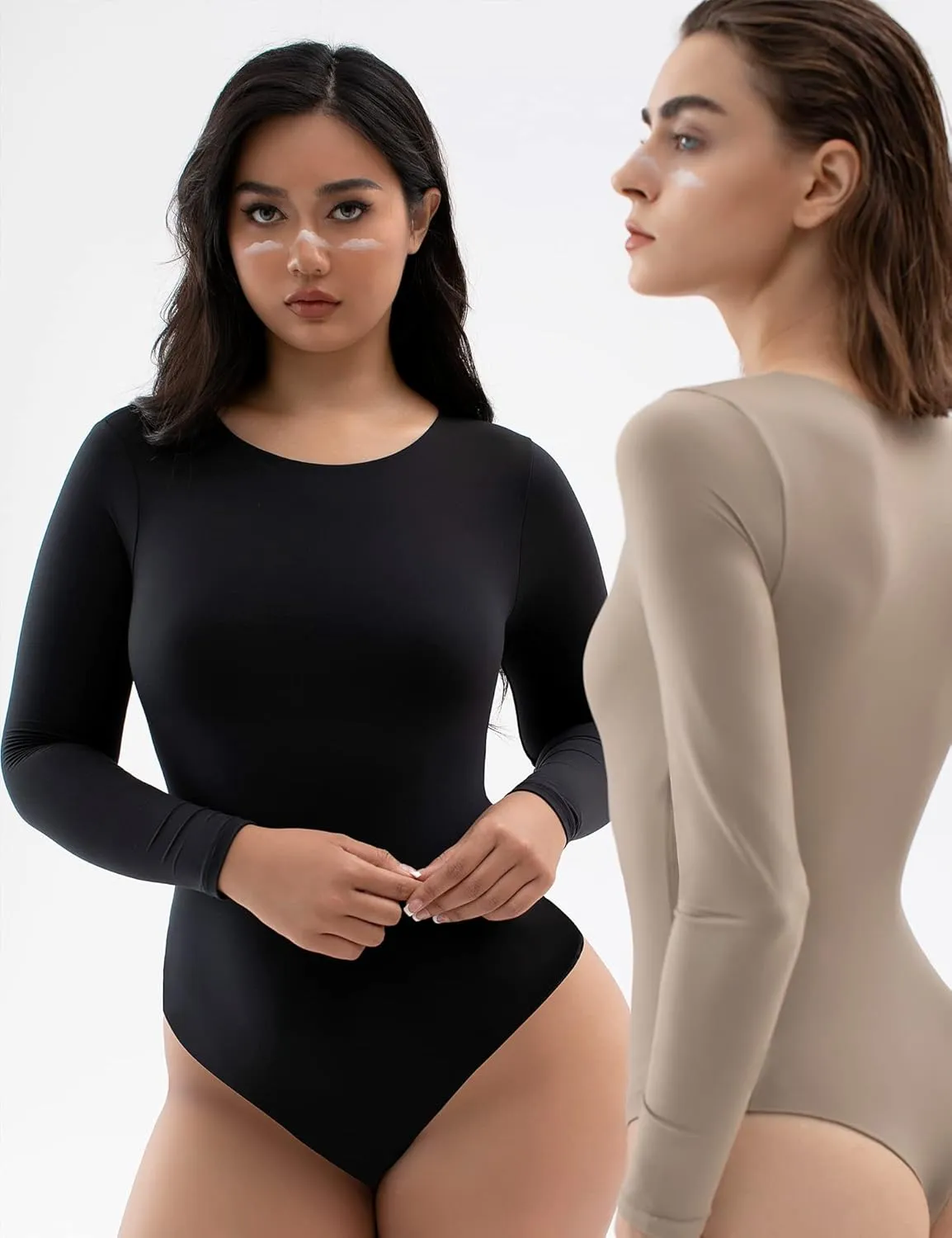 PUMIEY Women's Crew Neck Long Sleeve Bodysuit Second-skin Feel Tops Smoke Cloud Collection