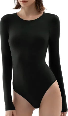 PUMIEY Women's Crew Neck Long Sleeve Bodysuit Second-skin Feel Tops Smoke Cloud Collection