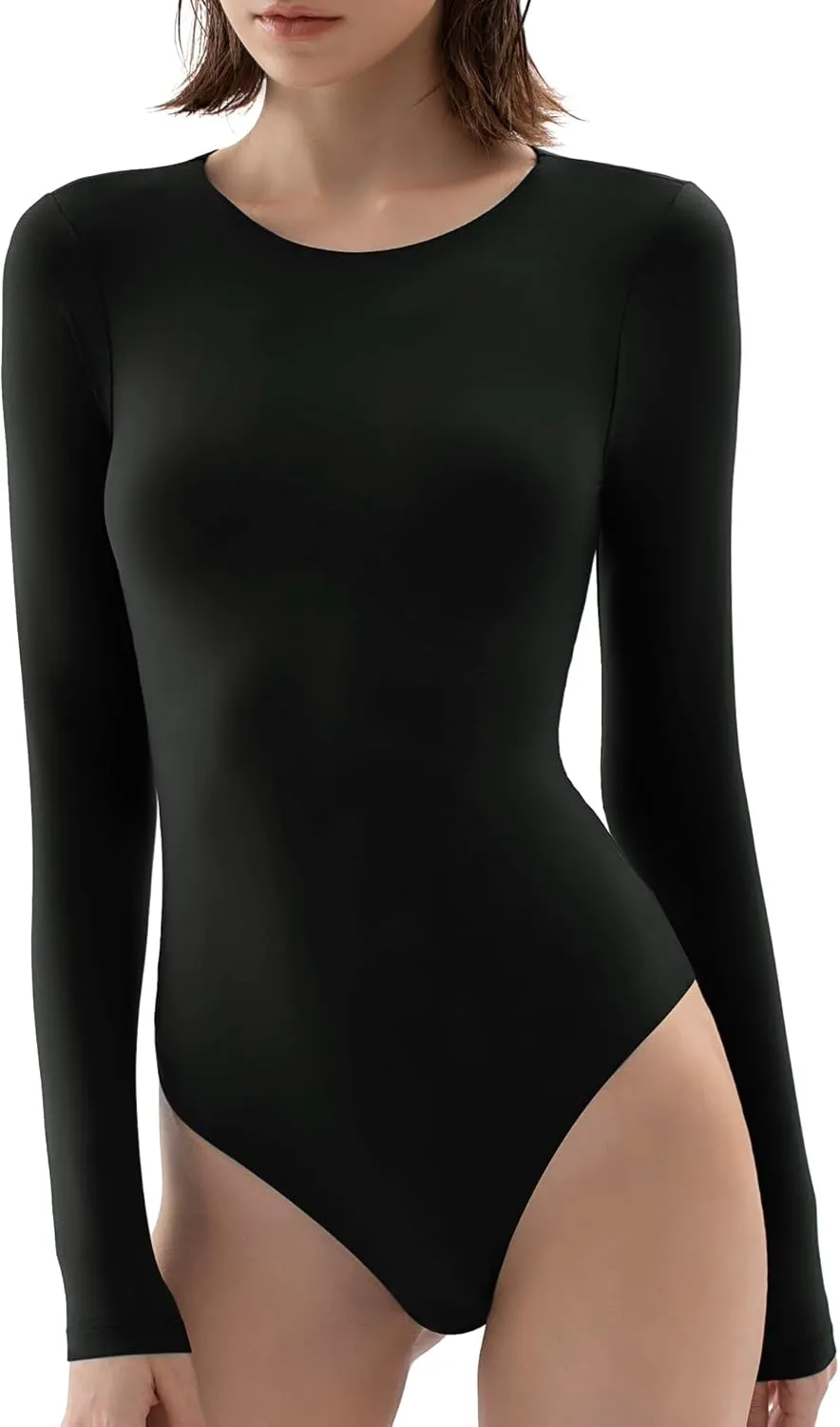 PUMIEY Women's Crew Neck Long Sleeve Bodysuit Second-skin Feel Tops Smoke Cloud Collection