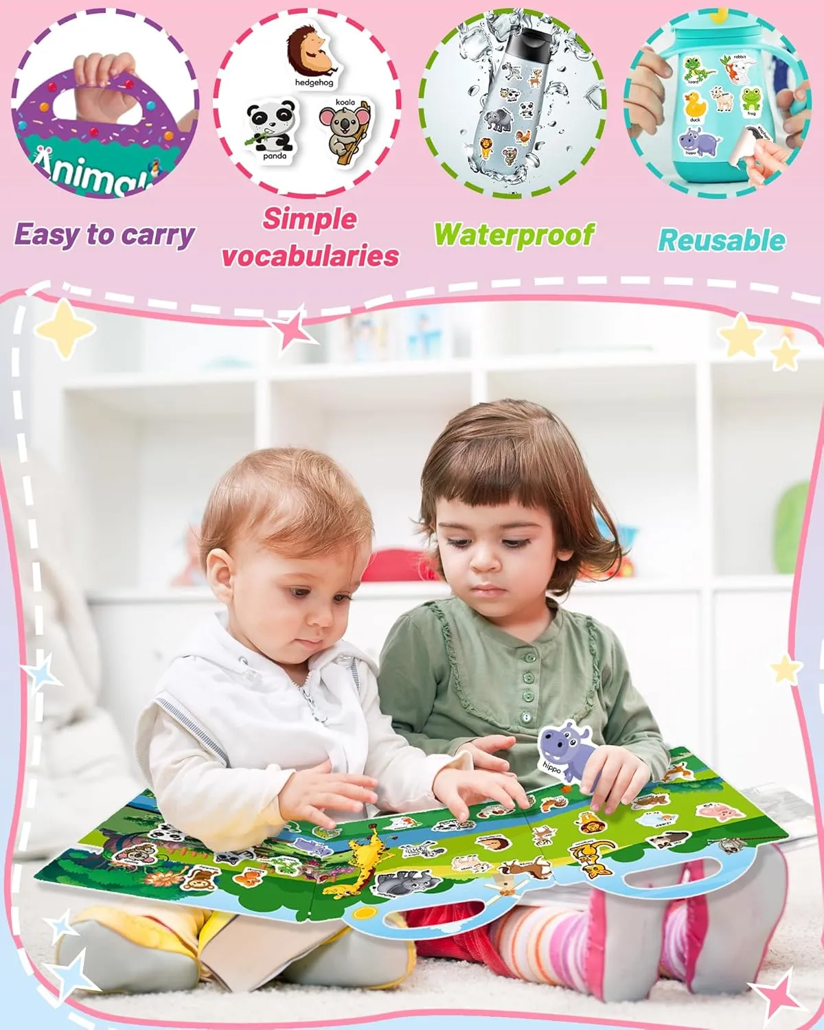 Reusable Animal Sticker Book for Kids Toddlers 2-4 Years, Preschool Learning Activities Waterproof Sticker Books for Teens Girls Boys