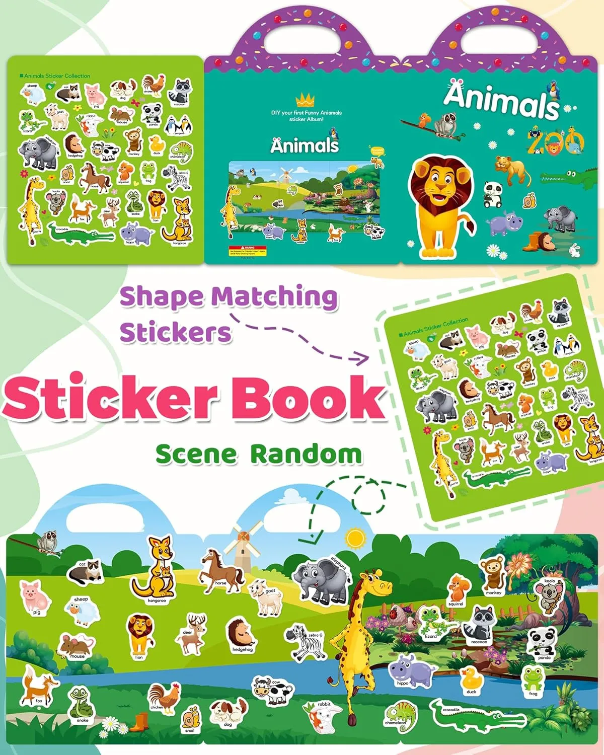 Reusable Animal Sticker Book for Kids Toddlers 2-4 Years, Preschool Learning Activities Waterproof Sticker Books for Teens Girls Boys
