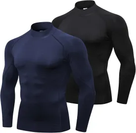 SPVISE 1 or 2 Pack Men's Compression Shirts Long Sleeve Athletic Workout T-Shirts Cool Dry Undershirts Turtle Neck Gym Tops