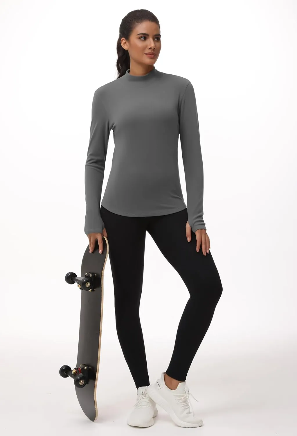 THE GYM PEOPLE Fleece Mock Turtleneck Pullover Base Layer Shirts Long Sleeve Workout Tops with Thumb Hole