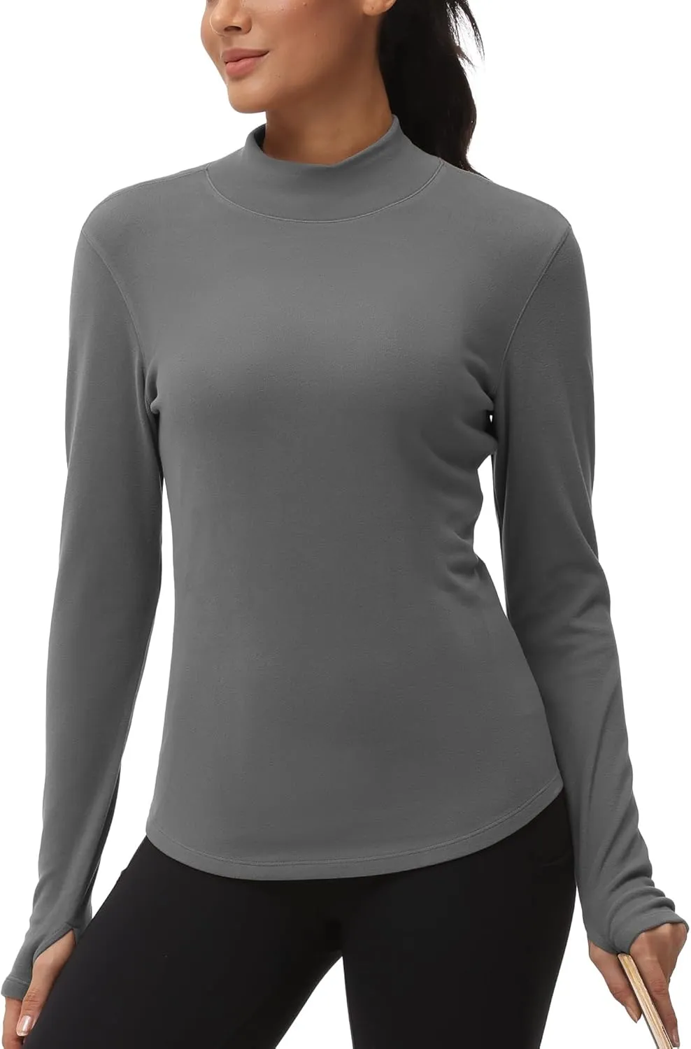 THE GYM PEOPLE Fleece Mock Turtleneck Pullover Base Layer Shirts Long Sleeve Workout Tops with Thumb Hole