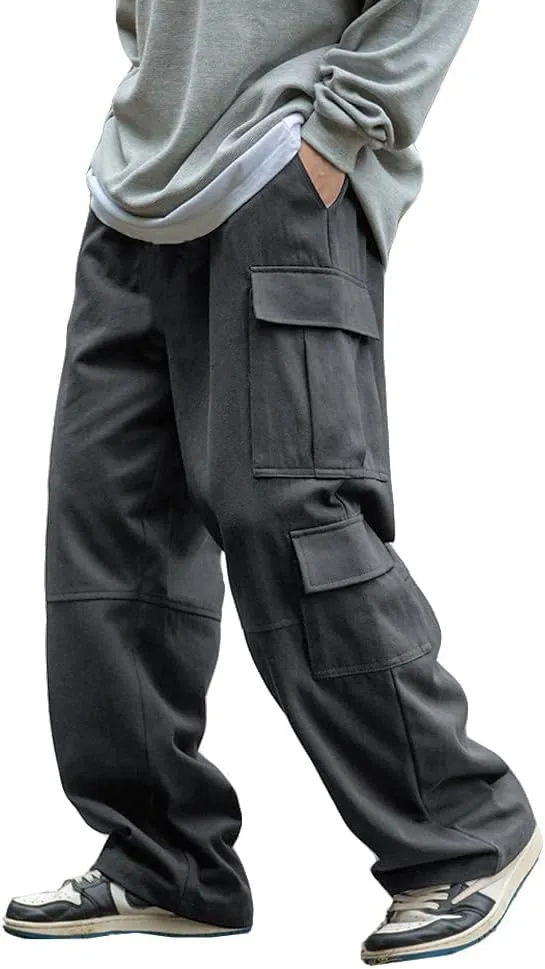 THWEI Mens Cargo Pants Drawstring Elastic Waist Casual Baggy Pant Streetwear Multi Pockets