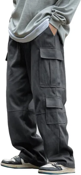 THWEI Mens Cargo Pants Drawstring Elastic Waist Casual Baggy Pant Streetwear Multi Pockets