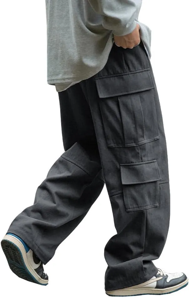 THWEI Mens Cargo Pants Drawstring Elastic Waist Casual Baggy Pant Streetwear Multi Pockets