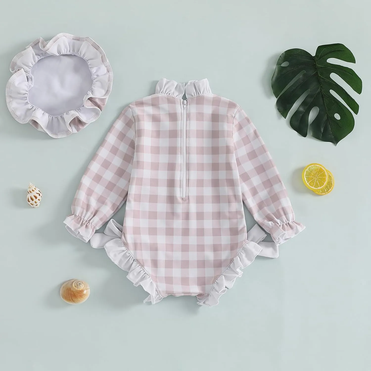 Toddler Baby Girl One Piece Swimsuit Checkered Print Long Sleeve One Piece Rash Guard Ruffle Swimsuit with Hat Set